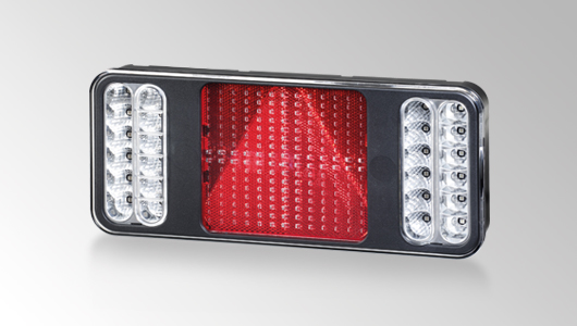 Full LED tail light, brake light, direction indicator, rear fog lamp, back-up light with a square reflex reflector from HELLA