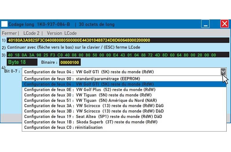 BCM répertorie les modifications possibles pour l'octet dans le sous-menu