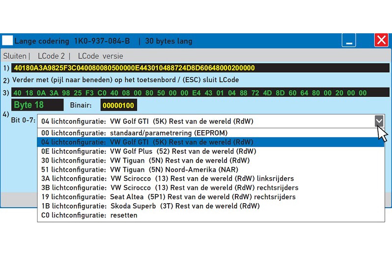 De BCM geeft in een submenu de mogelijke veranderingen voor deze byte aan