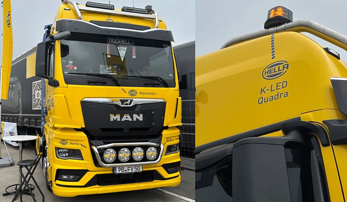 Vehicle equipped with HELLA lighting technology including K-LED Quadra beacon.